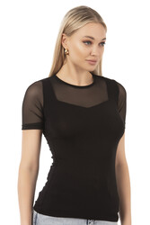 Özkan 26981 Kadın Premium Yumuşak Rahat Kumaş Ring Viskon Slim Fit Bisiklet Yaka Tül Detaylı Kısa Kollu Örme Bluz - Thumbnail