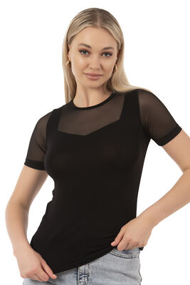 Özkan Underwear - Özkan 26981 Kadın Premium Yumuşak Rahat Kumaş Ring Viskon Slim Fit Bisiklet Yaka Tül Detaylı Kısa Kollu Örme Bluz