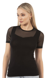 Özkan 26981 Kadın Premium Yumuşak Rahat Kumaş Ring Viskon Slim Fit Bisiklet Yaka Tül Detaylı Kısa Kollu Örme Bluz - Thumbnail