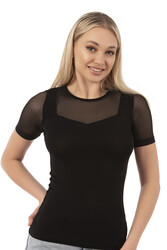 Özkan 26981 Kadın Premium Yumuşak Rahat Kumaş Ring Viskon Slim Fit Bisiklet Yaka Tül Detaylı Kısa Kollu Örme Bluz - Thumbnail