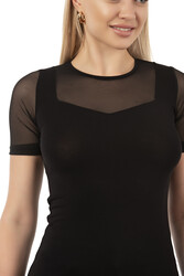 Özkan 26981 Kadın Premium Yumuşak Rahat Kumaş Ring Viskon Slim Fit Bisiklet Yaka Tül Detaylı Kısa Kollu Örme Bluz - Thumbnail