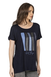 Özkan 26999 Kadın Premium Kumaş Önü Baskılı Likralı Yırtmaç Detaylı Örme Bluz - Thumbnail