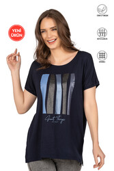 Özkan 26999 Kadın Premium Kumaş Önü Baskılı Likralı Yırtmaç Detaylı Örme Bluz - Thumbnail