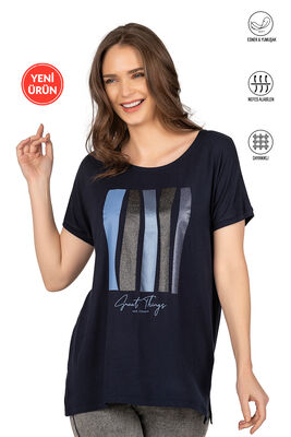 Özkan Underwear - Özkan 26999 Kadın Premium Kumaş Önü Baskılı Likralı Yırtmaç Detaylı Örme Bluz