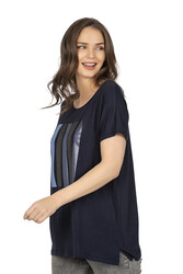 Özkan 26999 Kadın Premium Kumaş Önü Baskılı Likralı Yırtmaç Detaylı Örme Bluz - Thumbnail