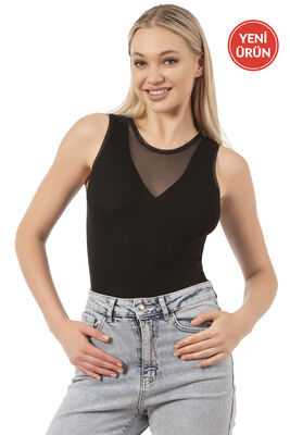 Özkan Underwear - Özkan 27069 Kadın Viskon Kaşkorse Fitilli V Yaka Tül Detaylı Esnek Rahat Kalın Askılı Kancalı Çıtçıtlı Body Zıbın