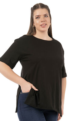 Özkan Underwear - Özkan 27071 Kadın %100 Pamuklu Süprem Esnek Rahat Yuvarlak Yaka Yırtmaç Detaylı Büyük Beden Kısa Kollu T-shirt