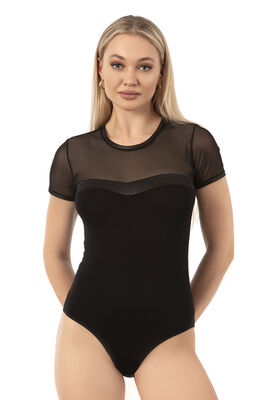 Özkan Underwear - Özkan 27092 Kadın Viskon Esnek Rahat Yaka Kısmı Saten ve Tül Detaylı Bisiklet Yaka Kısa Kollu Kancalı Çıtçıtlı Body Zıbın