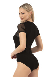 Özkan 27092 Kadın Viskon Esnek Rahat Yaka Kısmı Saten ve Tül Detaylı Bisiklet Yaka Kısa Kollu Kancalı Çıtçıtlı Body Zıbın - Thumbnail