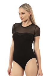 Özkan 27092 Kadın Viskon Esnek Rahat Yaka Kısmı Saten ve Tül Detaylı Bisiklet Yaka Kısa Kollu Kancalı Çıtçıtlı Body Zıbın - Thumbnail