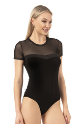 Özkan 27092 Kadın Viskon Esnek Rahat Yaka Kısmı Saten ve Tül Detaylı Bisiklet Yaka Kısa Kollu Kancalı Çıtçıtlı Body Zıbın - Thumbnail