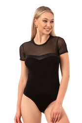 Özkan 27092 Kadın Viskon Esnek Rahat Yaka Kısmı Saten ve Tül Detaylı Bisiklet Yaka Kısa Kollu Kancalı Çıtçıtlı Body Zıbın - Thumbnail