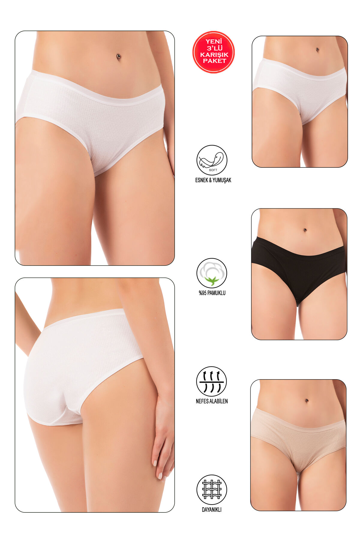 Özkan 27152 3'lü Paket Kadın Pamuk Likralı Ribana Esnek Rahat Yüksek Bel Bato Külot