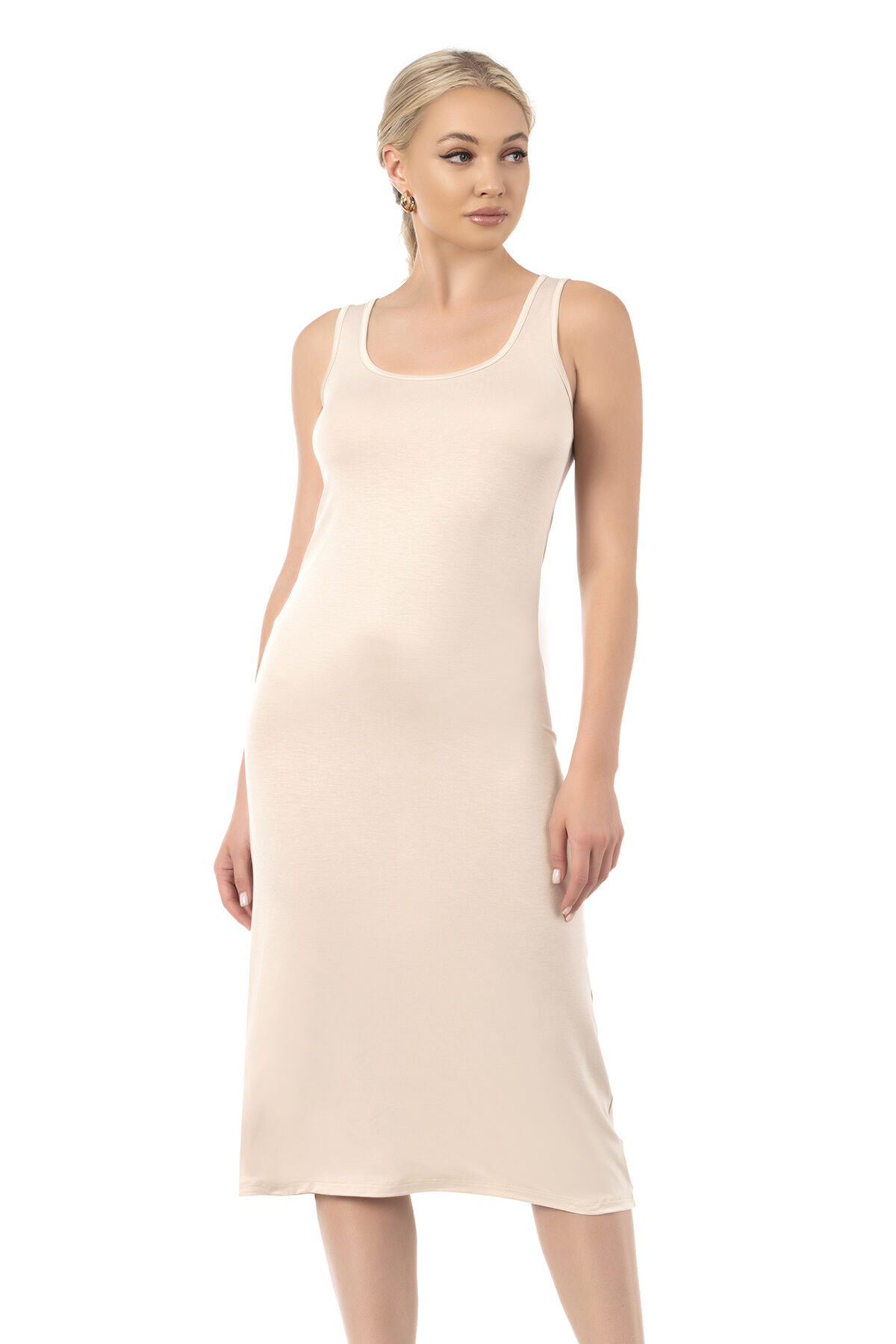 Özkan 27372 Kadın Premium Kumaş Viskon Diz Altı Uzun Esnek Rahat Kalın Askılı Kombinezon Elbise Jüpon Astar