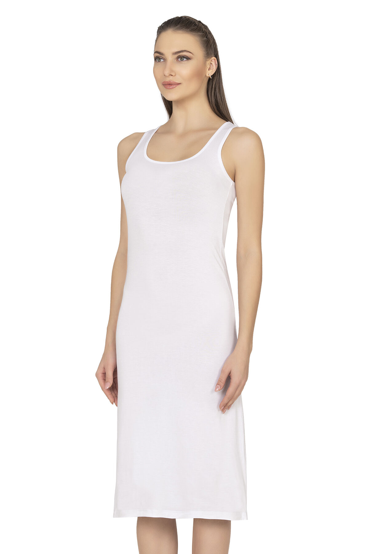 Özkan 27372 Kadın Premium Kumaş Viskon Diz Altı Uzun Esnek Rahat Kalın Askılı Kombinezon Elbise Jüpon Astar