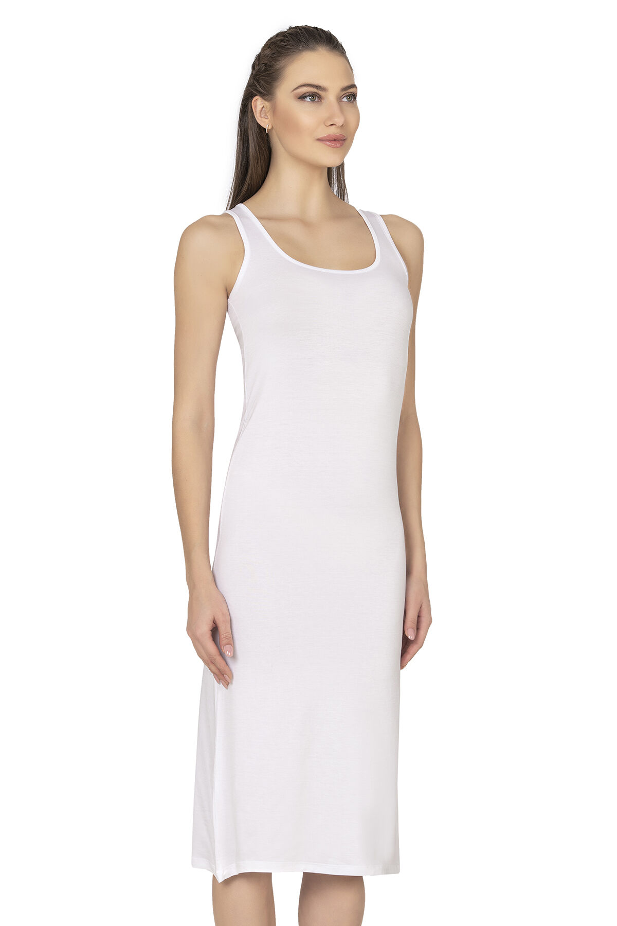 Özkan 27372 Kadın Premium Kumaş Viskon Diz Altı Uzun Esnek Rahat Kalın Askılı Kombinezon Elbise Jüpon Astar