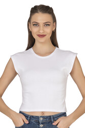 Özkan 27414 Kadın Pamuklu Fitilli Kaşkorse Düşük Kol Bisiklet Yaka Crop T-Shirt Bluz - Thumbnail