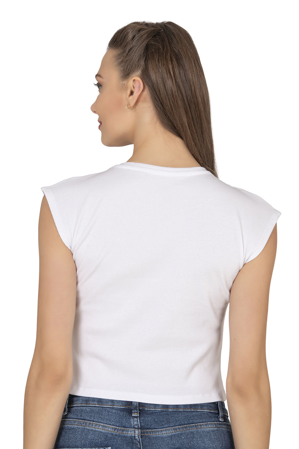 Özkan 27414 Kadın Pamuklu Fitilli Kaşkorse Düşük Kol Bisiklet Yaka Crop T-Shirt Bluz