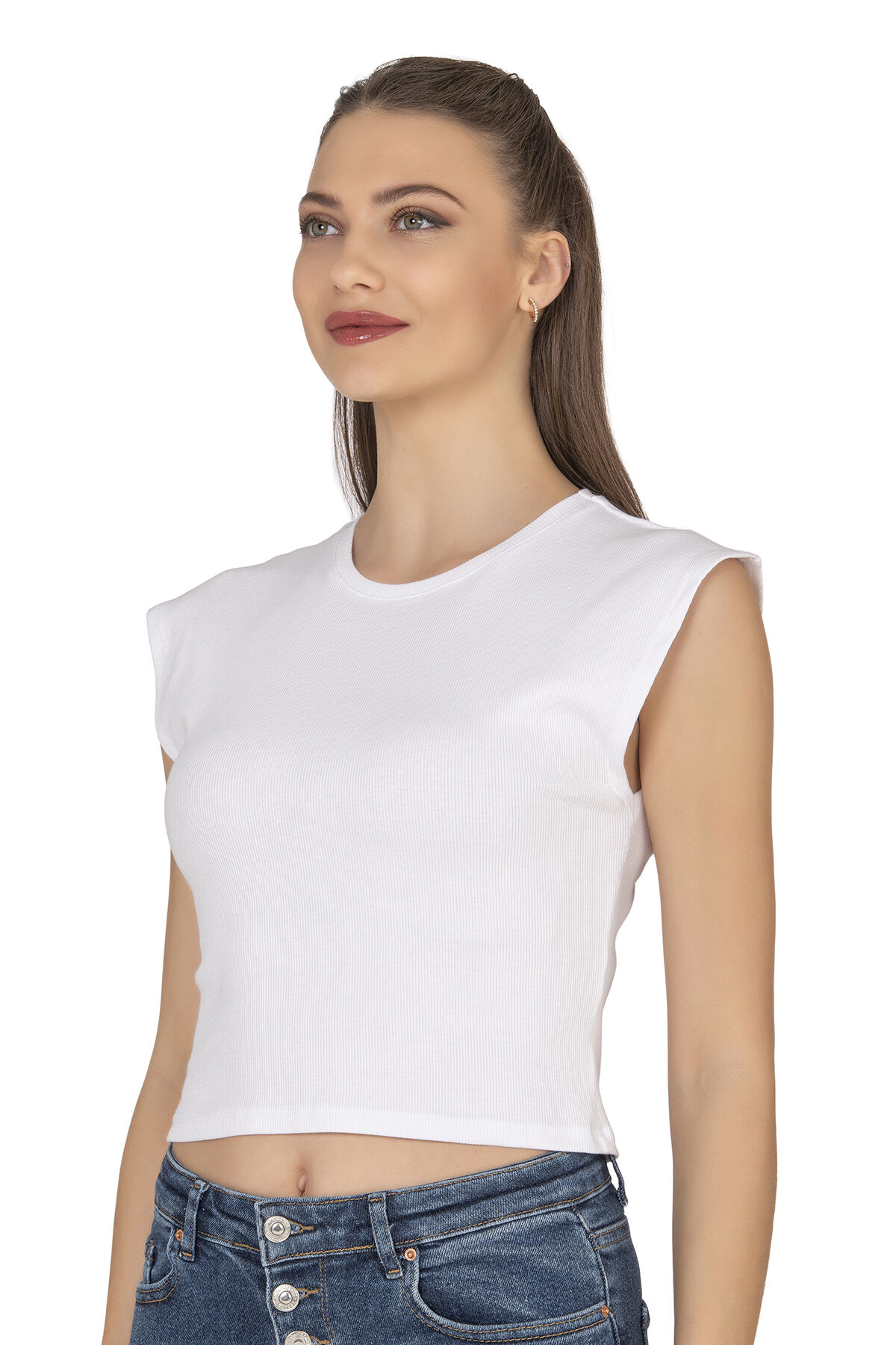 Özkan 27414 Kadın Pamuklu Fitilli Kaşkorse Düşük Kol Bisiklet Yaka Crop T-Shirt Bluz