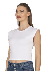 Özkan 27414 Kadın Pamuklu Fitilli Kaşkorse Düşük Kol Bisiklet Yaka Crop T-Shirt Bluz - Thumbnail