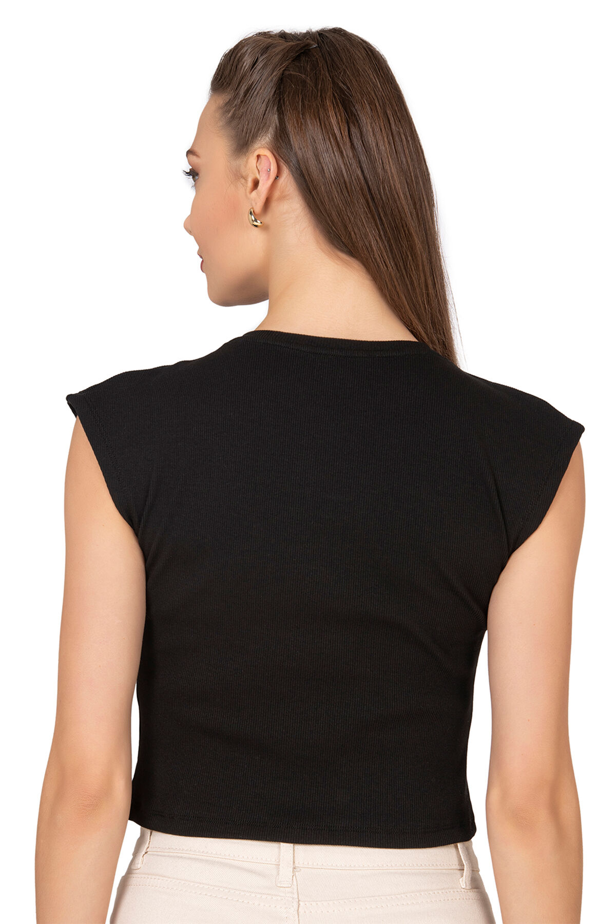 Özkan 27414 Kadın Pamuklu Fitilli Kaşkorse Düşük Kol Bisiklet Yaka Crop T-Shirt Bluz