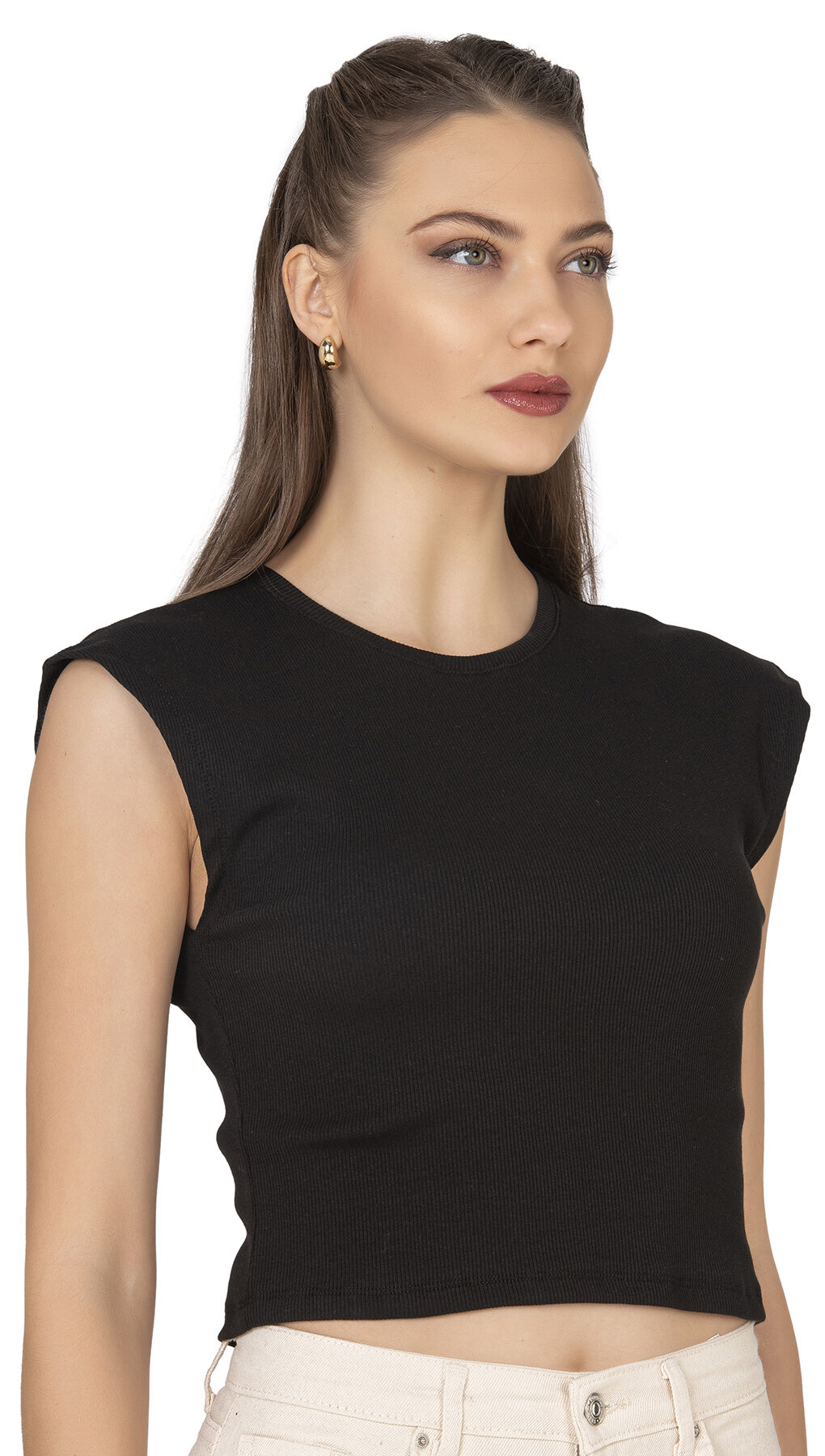 Özkan 27414 Kadın Pamuklu Fitilli Kaşkorse Düşük Kol Bisiklet Yaka Crop T-Shirt Bluz