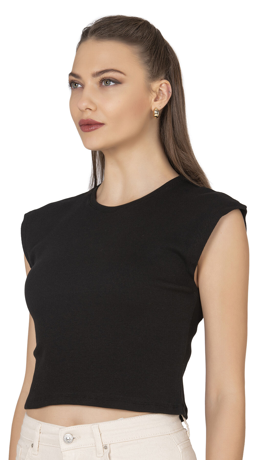 Özkan 27414 Kadın Pamuklu Fitilli Kaşkorse Düşük Kol Bisiklet Yaka Crop T-Shirt Bluz