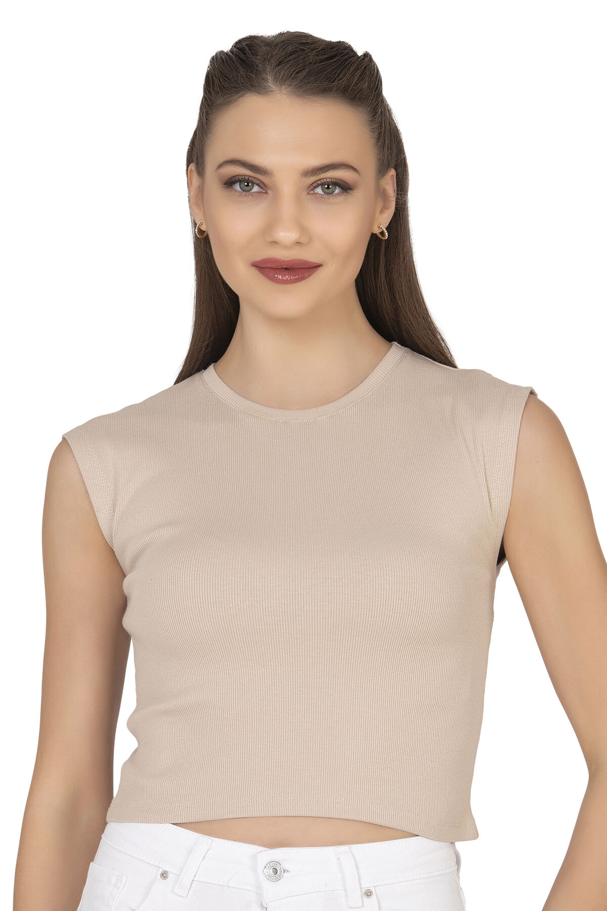 Özkan 27414 Kadın Pamuklu Fitilli Kaşkorse Düşük Kol Bisiklet Yaka Crop T-Shirt Bluz