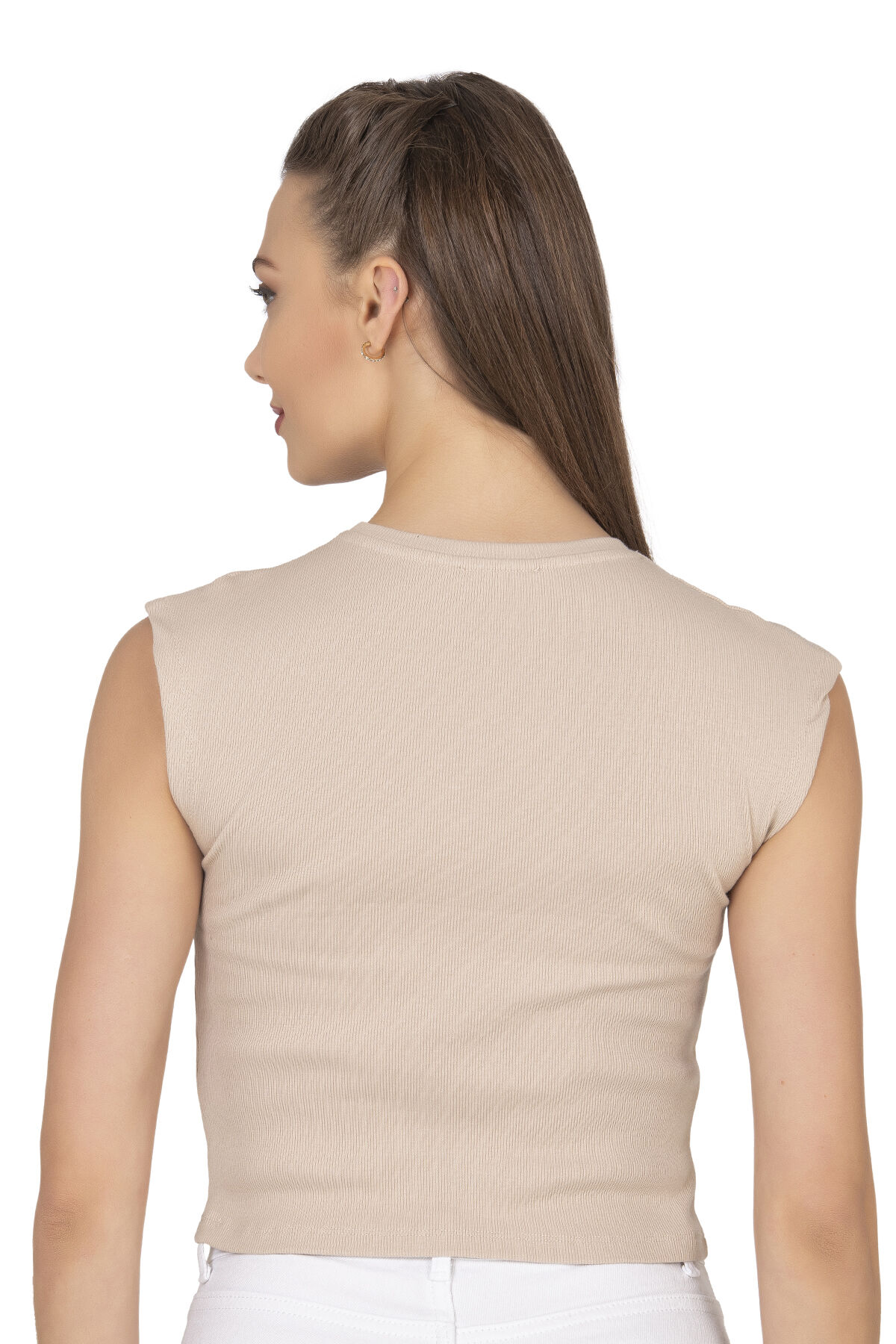 Özkan 27414 Kadın Pamuklu Fitilli Kaşkorse Düşük Kol Bisiklet Yaka Crop T-Shirt Bluz