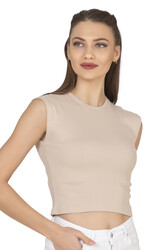 Özkan 27414 Kadın Pamuklu Fitilli Kaşkorse Düşük Kol Bisiklet Yaka Crop T-Shirt Bluz - Thumbnail