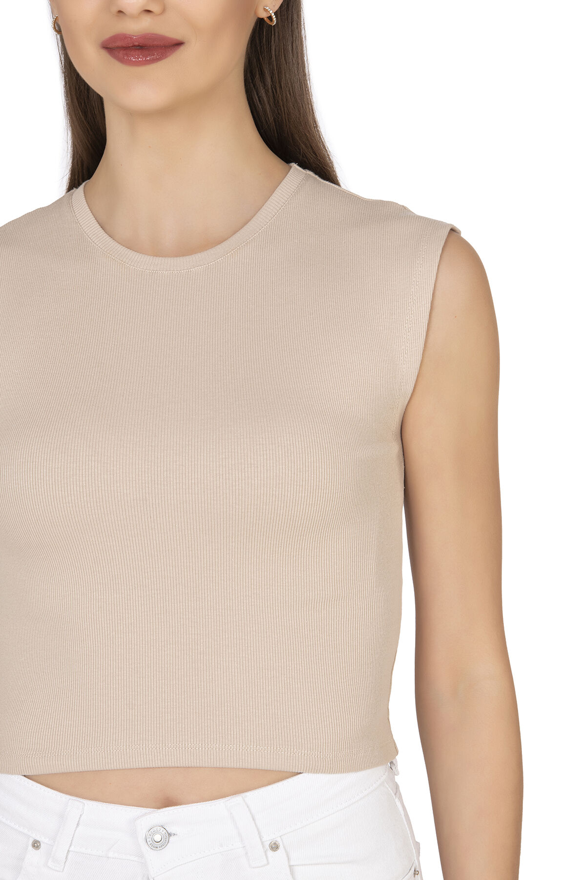 Özkan 27414 Kadın Pamuklu Fitilli Kaşkorse Düşük Kol Bisiklet Yaka Crop T-Shirt Bluz