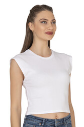 Özkan 27414 Kadın Pamuklu Fitilli Kaşkorse Düşük Kol Bisiklet Yaka Crop T-Shirt Bluz - Thumbnail
