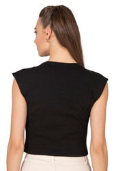 Özkan 27414 Kadın Pamuklu Fitilli Kaşkorse Düşük Kol Bisiklet Yaka Crop T-Shirt Bluz - Thumbnail