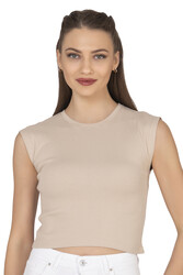 Özkan 27414 Kadın Pamuklu Fitilli Kaşkorse Düşük Kol Bisiklet Yaka Crop T-Shirt Bluz - Thumbnail