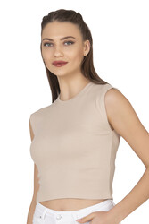 Özkan 27414 Kadın Pamuklu Fitilli Kaşkorse Düşük Kol Bisiklet Yaka Crop T-Shirt Bluz - Thumbnail