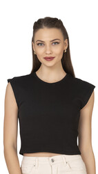 Özkan 27414 Kadın Pamuklu Fitilli Kaşkorse Düşük Kol Bisiklet Yaka Crop T-Shirt Bluz - Thumbnail