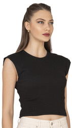 Özkan 27414 Kadın Pamuklu Fitilli Kaşkorse Düşük Kol Bisiklet Yaka Crop T-Shirt Bluz - Thumbnail