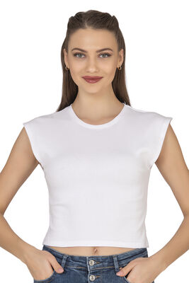 Özkan Underwear - Özkan 27414 Kadın Pamuklu Fitilli Kaşkorse Düşük Kol Bisiklet Yaka Crop T-Shirt Bluz