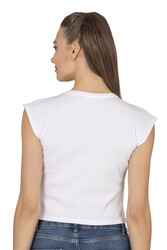 Özkan 27414 Kadın Pamuklu Fitilli Kaşkorse Düşük Kol Bisiklet Yaka Crop T-Shirt Bluz - Thumbnail