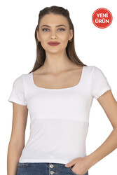 Özkan 27419 Kadın Pamuklu Rahat Kısa Kollu Süprem Kumaş Kare Yaka Crop T-Shirt - Thumbnail