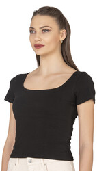 Özkan 27419 Kadın Pamuklu Rahat Kısa Kollu Süprem Kumaş Kare Yaka Crop T-Shirt - Thumbnail