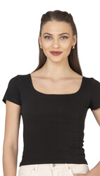Özkan 27419 Kadın Pamuklu Rahat Kısa Kollu Süprem Kumaş Kare Yaka Crop T-Shirt - Thumbnail