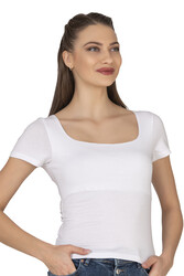 Özkan 27419 Kadın Pamuklu Rahat Kısa Kollu Süprem Kumaş Kare Yaka Crop T-Shirt - Thumbnail