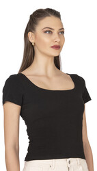 Özkan 27419 Kadın Pamuklu Rahat Kısa Kollu Süprem Kumaş Kare Yaka Crop T-Shirt - Thumbnail