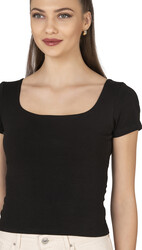 Özkan 27419 Kadın Pamuklu Rahat Kısa Kollu Süprem Kumaş Kare Yaka Crop T-Shirt - Thumbnail