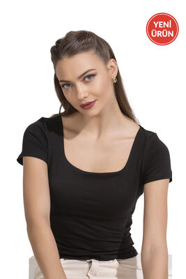 Özkan Underwear - Özkan 27419 Kadın Pamuklu Rahat Kısa Kollu Süprem Kumaş Kare Yaka Crop T-Shirt