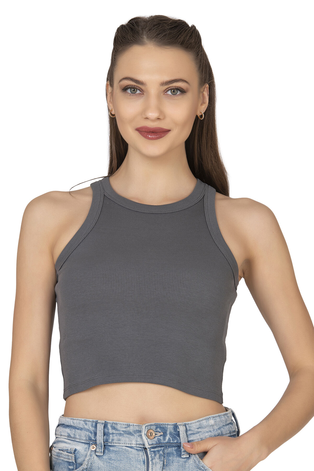 Özkan 27425 Kadın Pamuklu Kaşkorse Fitilli Halter Yaka Esnek Rahat Geniş Biyeli Crop Atlet Büstiyer