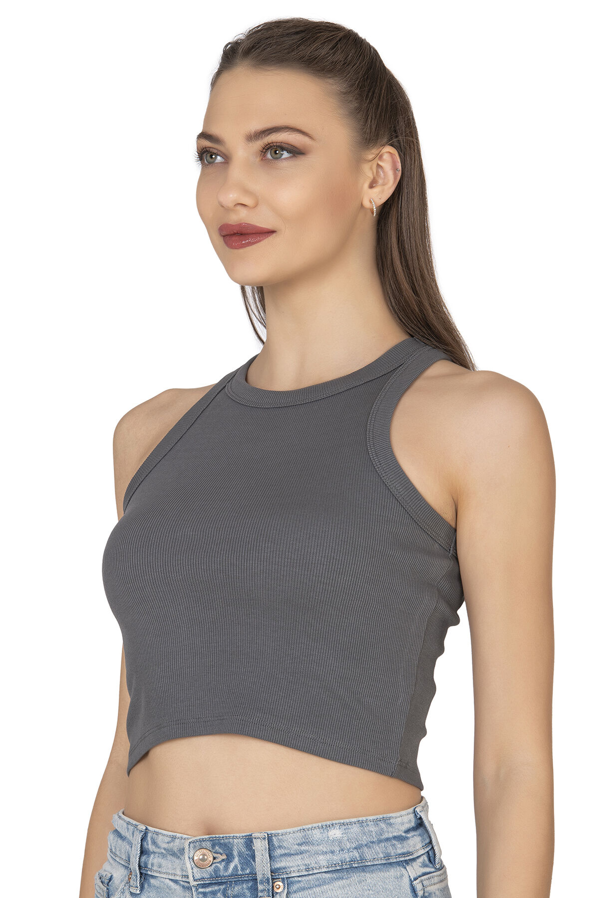 Özkan 27425 Kadın Pamuklu Kaşkorse Fitilli Halter Yaka Esnek Rahat Geniş Biyeli Crop Atlet Büstiyer