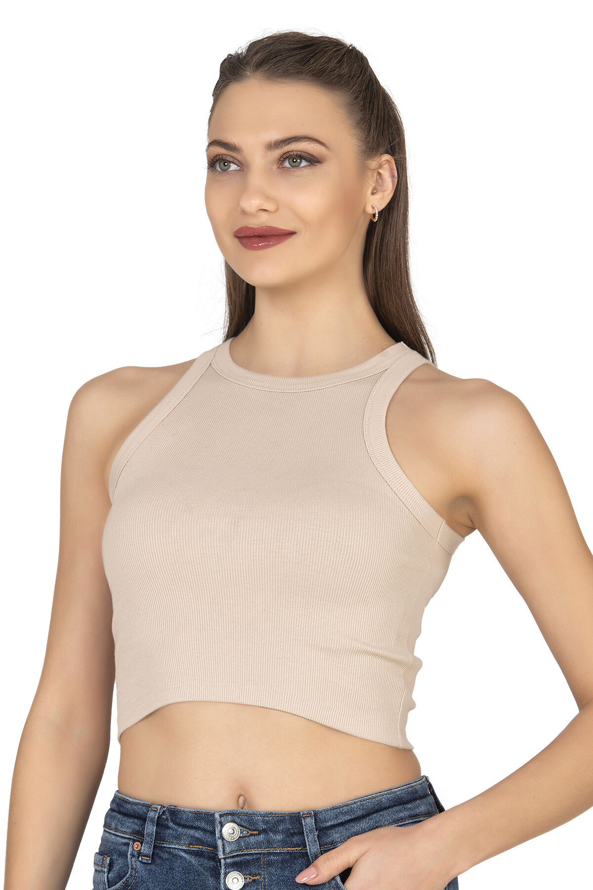 Özkan 27425 Kadın Pamuklu Kaşkorse Fitilli Halter Yaka Esnek Rahat Geniş Biyeli Crop Atlet Büstiyer