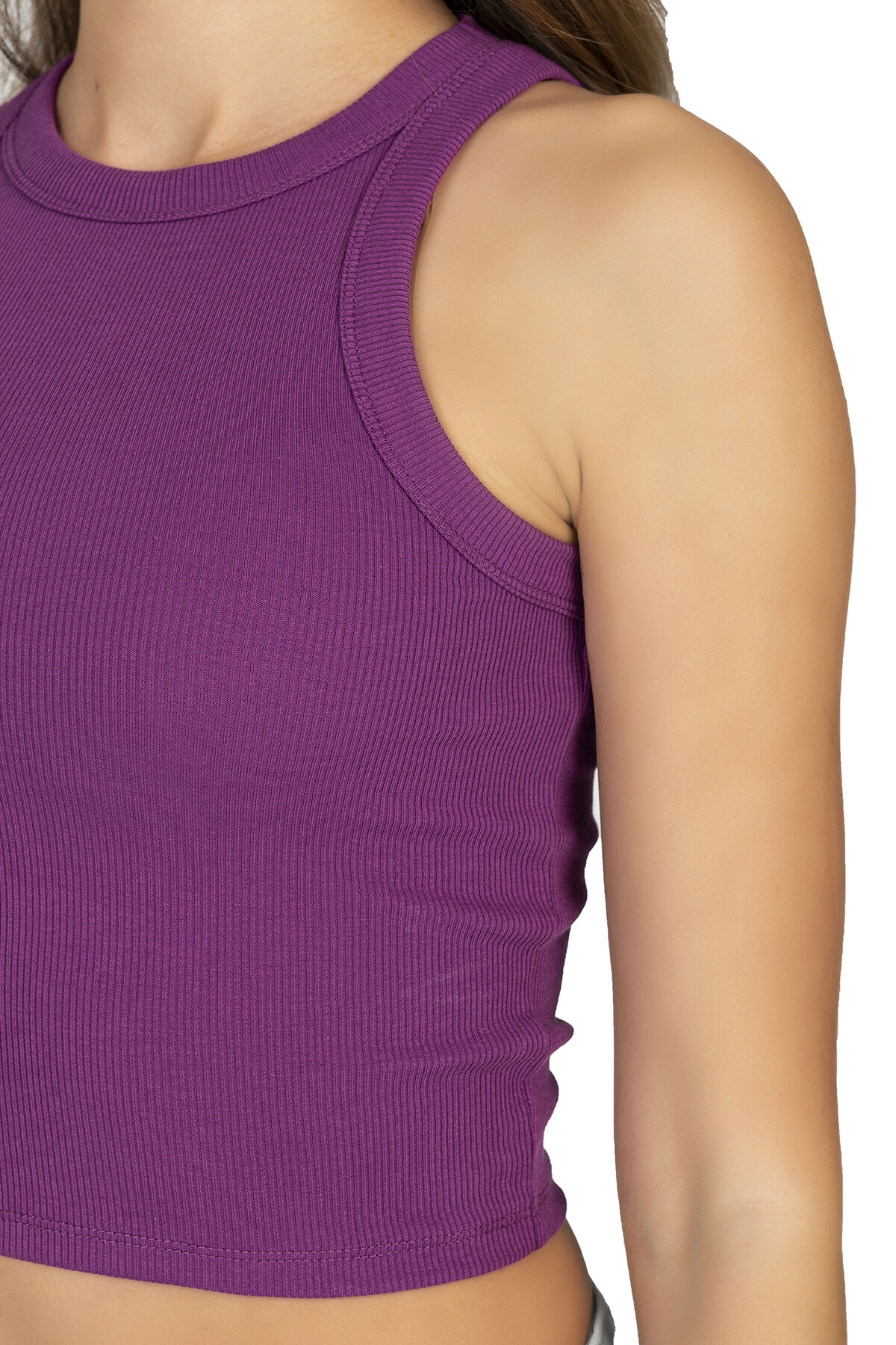 Özkan 27425 Kadın Pamuklu Kaşkorse Fitilli Halter Yaka Esnek Rahat Geniş Biyeli Crop Atlet Büstiyer